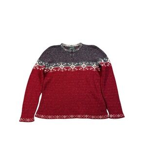 Fair Isle Knit Sweater Womens Red Grey Snowflake Nordic Pullover Long Sleeve